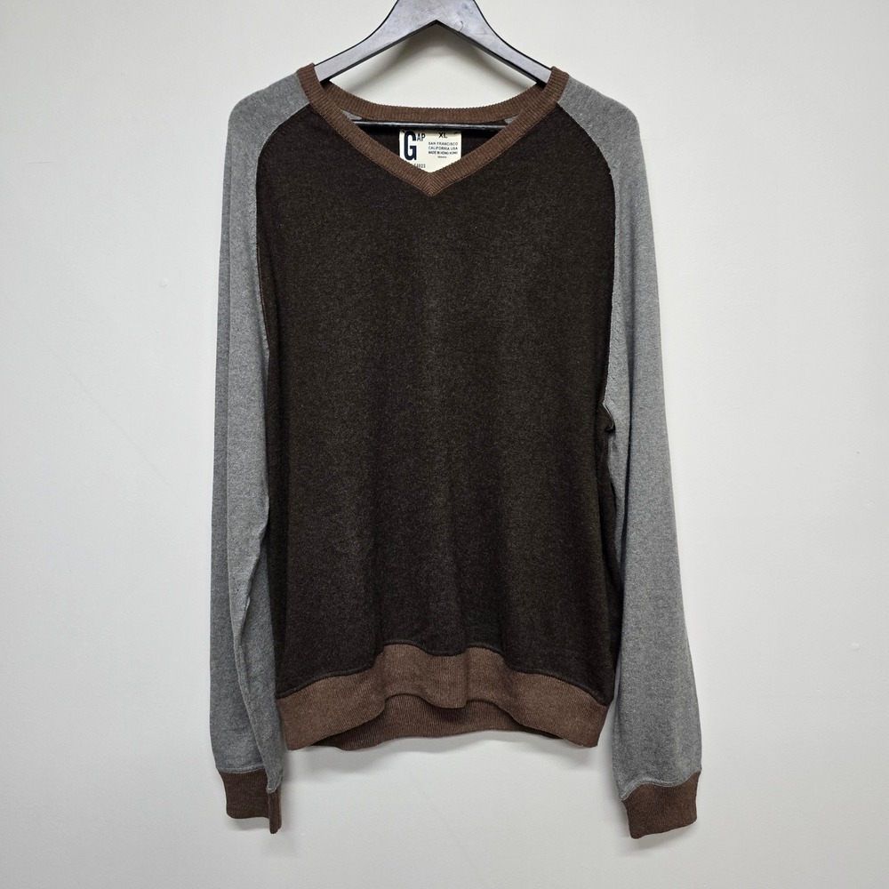 Vintage GAP Cotton Cashmere Sweater Men's XL Brown Gray Raglan V-Neck Y2K Preppy